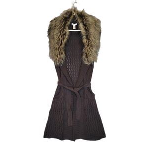Kenar Fur Trim Brown Knit Open Front Cardigan Vest Juniors Large Y2K Boho Retro